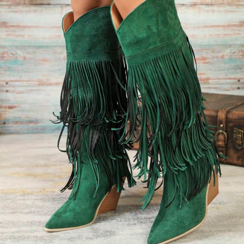 Fashion Green Knee-High Geometric Fringed Comfortable Faux Suede Thick Heel Boot - Picture 3 of 6